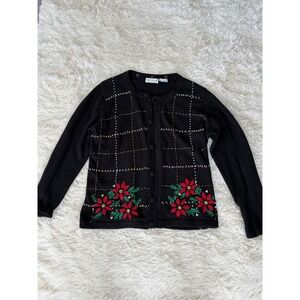 Vintage 1990 White Stag‎ Christmas Cardigan Womens L Poinsettia Embroidered